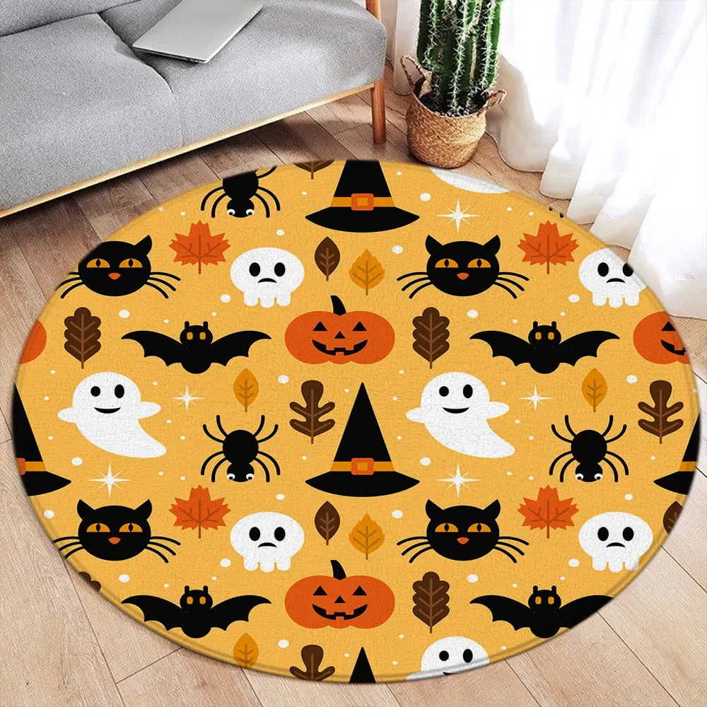 Cartoon Halloween Round Carpet Cute White Elf Ghost Pumpkin Black Flannel Mats Home Living Room Bedroom Decorative Floor Rugs