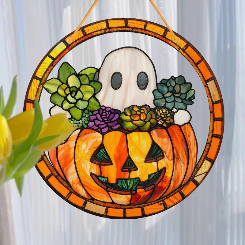 Halloween Ghost Hanging Decoration for Window Acrylic Cute Ghost Scary Pumpkin and Succulents Decor for Home Decor