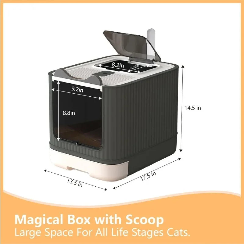 Fully Enclosed Cat Litter Box Top Entry, Upgraded Covered with Lid, Anti-Splashing Easy to Clean Kitty Box, White&Grey