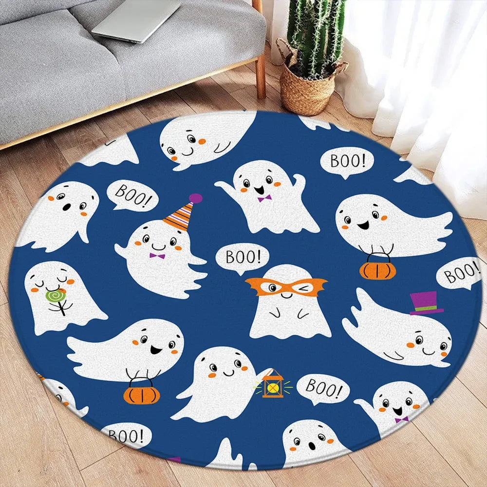 Cartoon Halloween Round Carpet Cute White Elf Ghost Pumpkin Black Flannel Mats Home Living Room Bedroom Decorative Floor Rugs