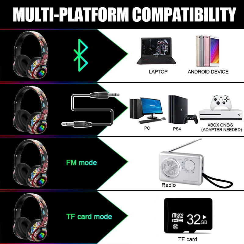 Graffiti Headphones Bluetooth 5.1 DJ Headset Wireless Gamer  with Mic RGB LED Light For Kids PC Gamer Earphone Support TF Card