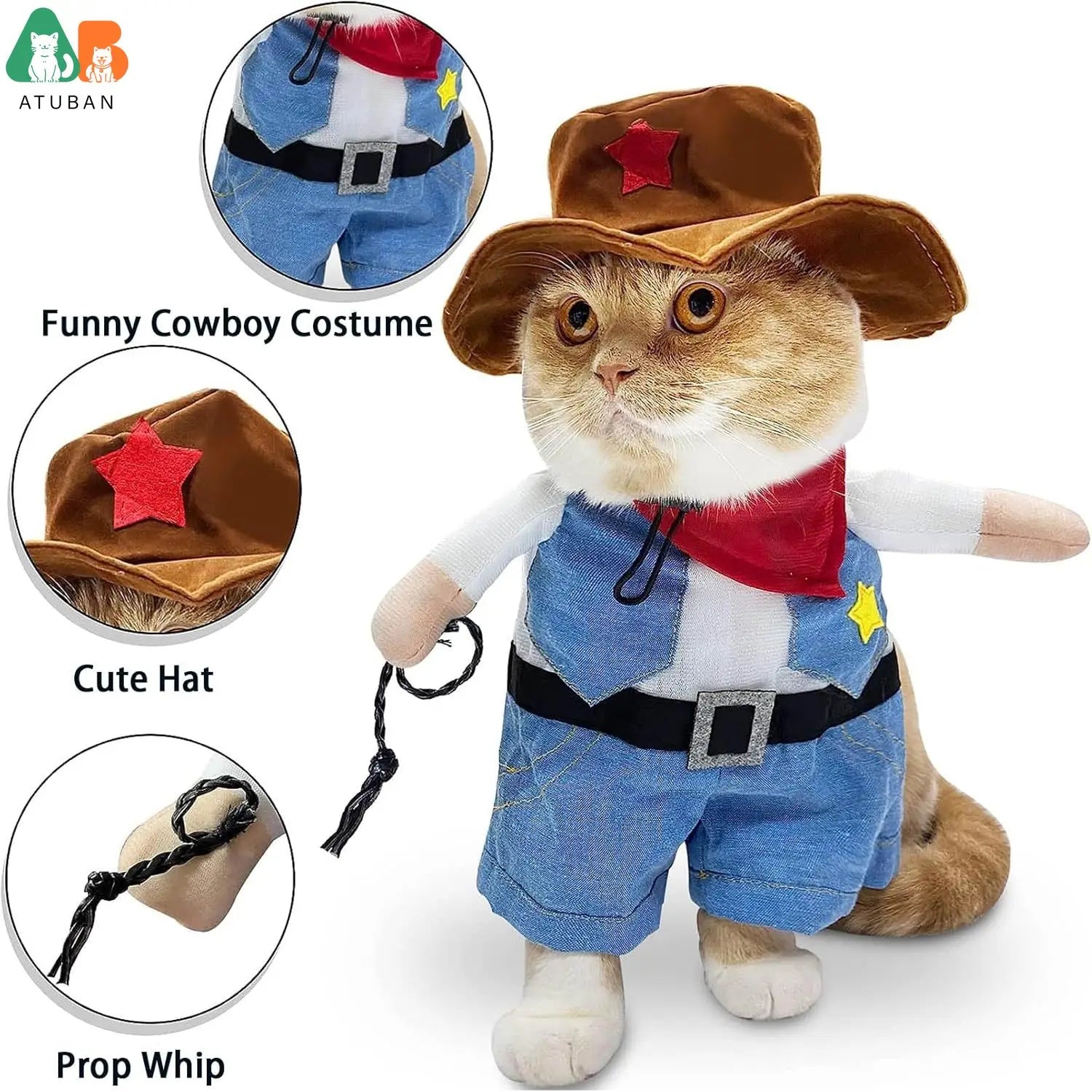 ATUBAN Cowboy Dog Costume,Funny Pet Cat Halloween Costumes Cool West Cowboy Uniform with Hat,Cosplay Puppy Clothing Party Outfit
