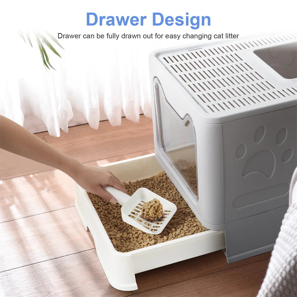 Large Cat Litter Box with Lid Covered Top Entry Front Door Cat Litter Tray Foldable Kitty Litter Box Litter Scoop Drawer Type
