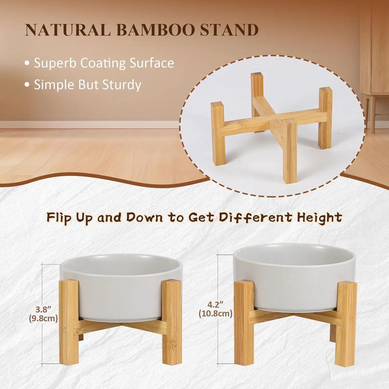 Elevated Ceramic Cat Bowl - Cat Food Bowl with Bamboo Stand - Elevated Dog Bowl for Puppies - Anti-Vomiting, No Stress