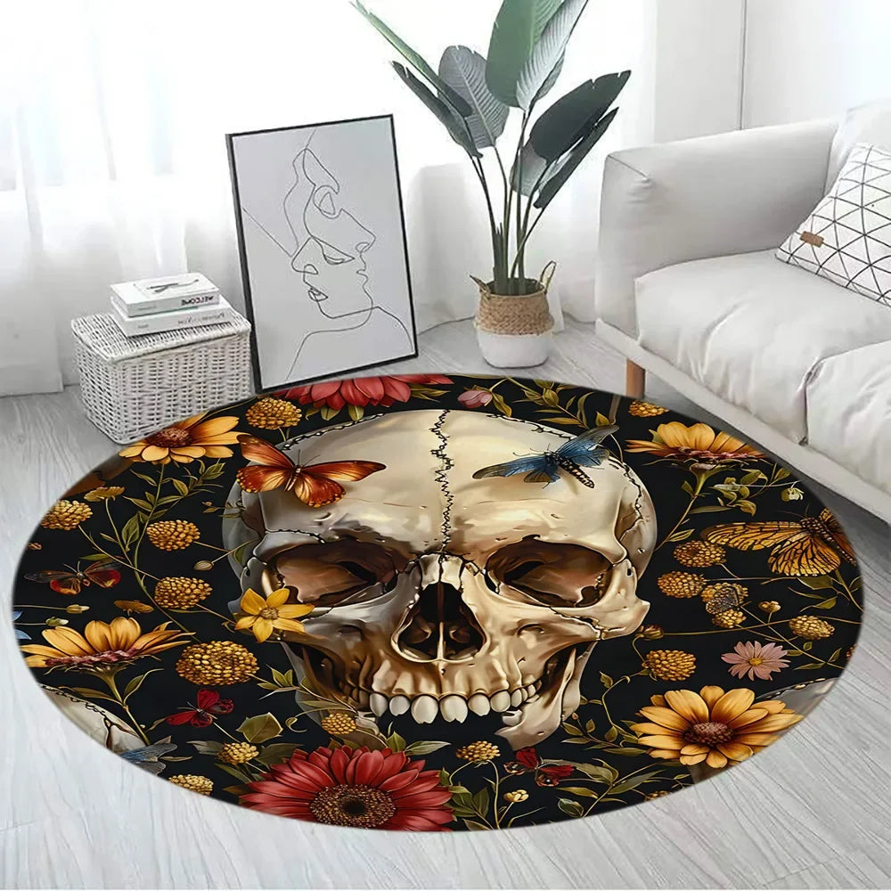 Floral Skull Round Carpet Rose Flowers Spider Skeleton Horror Halloween Home Living Room Bedroom Decor Flannel Mats Floor Rugs