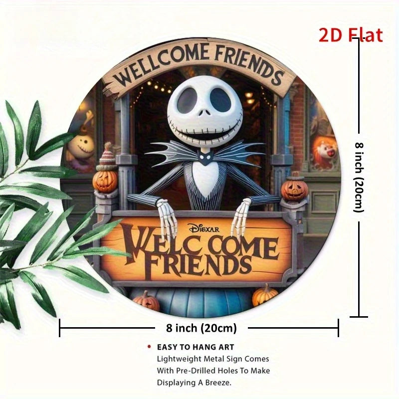Jack Skellington Welcome Sign 8x8in Round - Halloween Outdoor Decor, Nightmare Before Christmas Wall Art, Holiday Gift for Fans