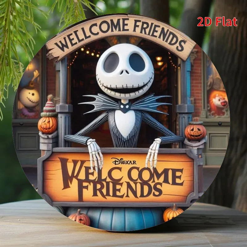 Jack Skellington Welcome Sign 8x8in Round - Halloween Outdoor Decor, Nightmare Before Christmas Wall Art, Holiday Gift for Fans