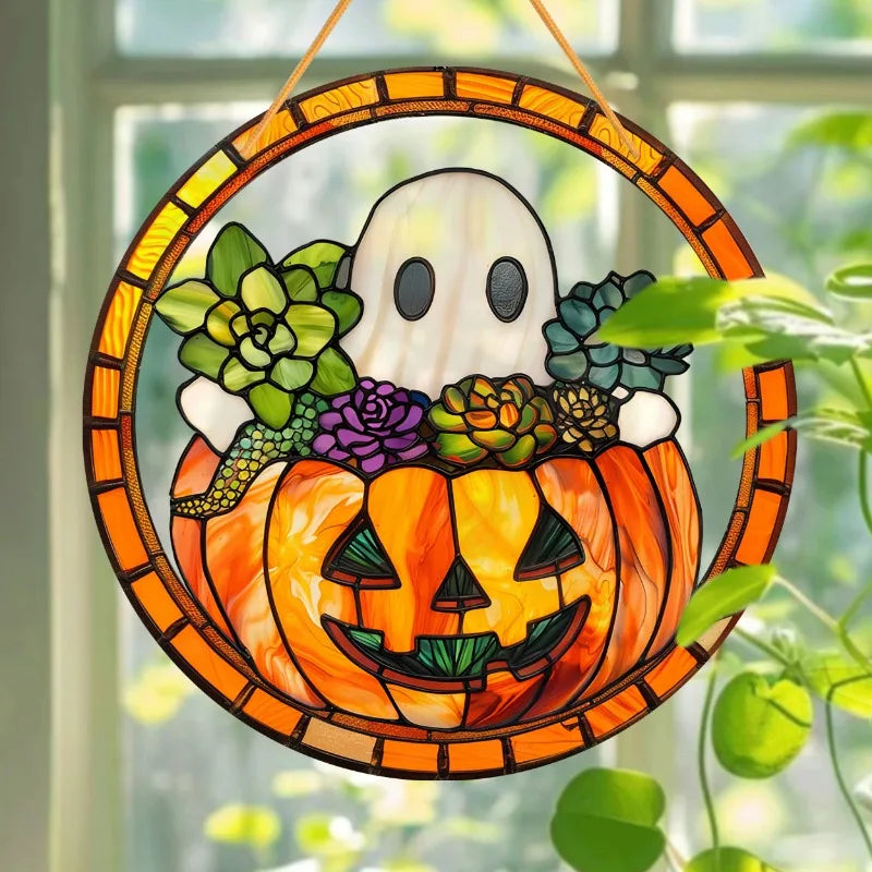 Halloween Ghost Hanging Decoration for Window Acrylic Cute Ghost Scary Pumpkin and Succulents Decor for Home Decor