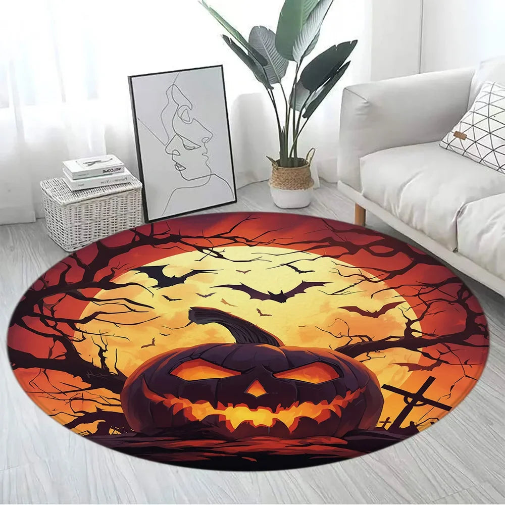 Floral Skull Round Carpet Rose Flowers Spider Skeleton Horror Halloween Home Living Room Bedroom Decor Flannel Mats Floor Rugs