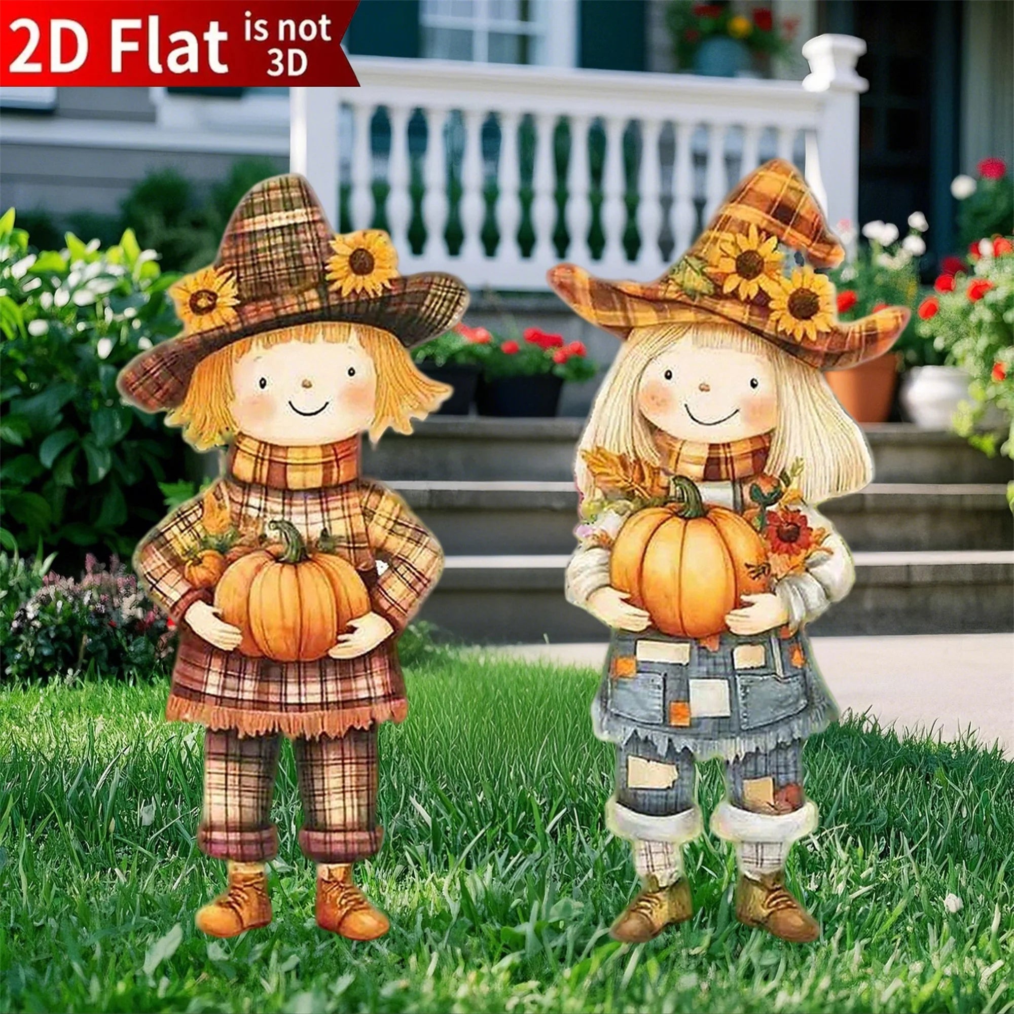 Set of 2 Thanksgiving Yard Stake Adorable Scarecrow Doll Figurines for Festive Garden Decorations
