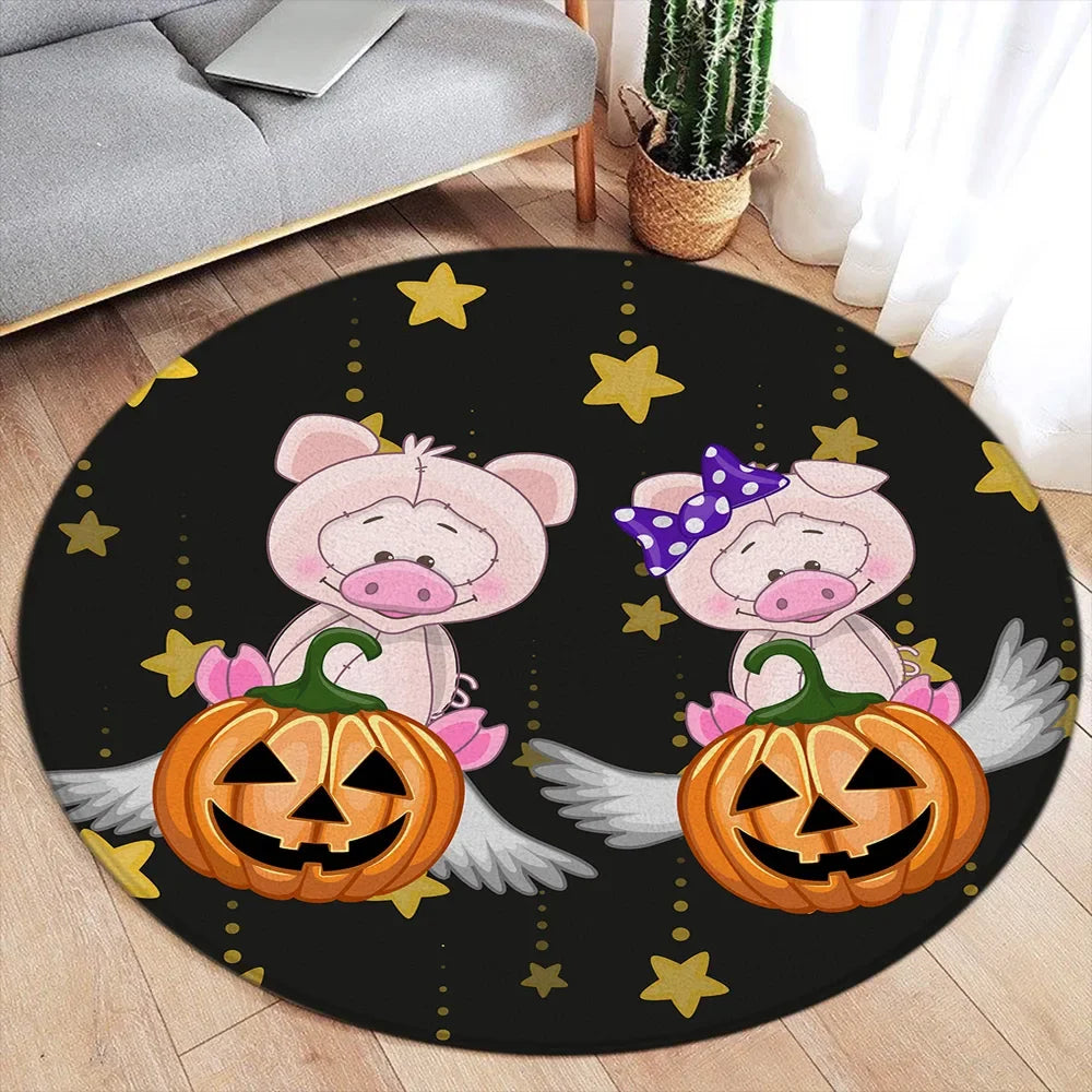 Cartoon Halloween Round Carpet Cute Elf Ghost Pumpkin Black Cat Spider Bat Red Maple Leaf Home Living Room Bedroom Decor Rugs