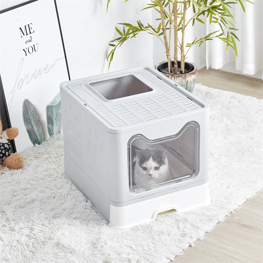 Large Cat Litter Box with Lid Covered Top Entry Front Door Cat Litter Tray Foldable Kitty Litter Box Litter Scoop Drawer Type