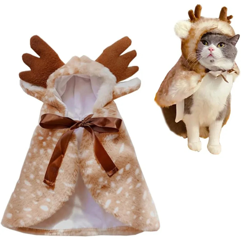 Christmas Pet Clothes Dog Elk Cloak X-mas Pet Costume Brown Deer Cat Clothes Winter Warm Puppy Cape for Cats Small Medium Dogs