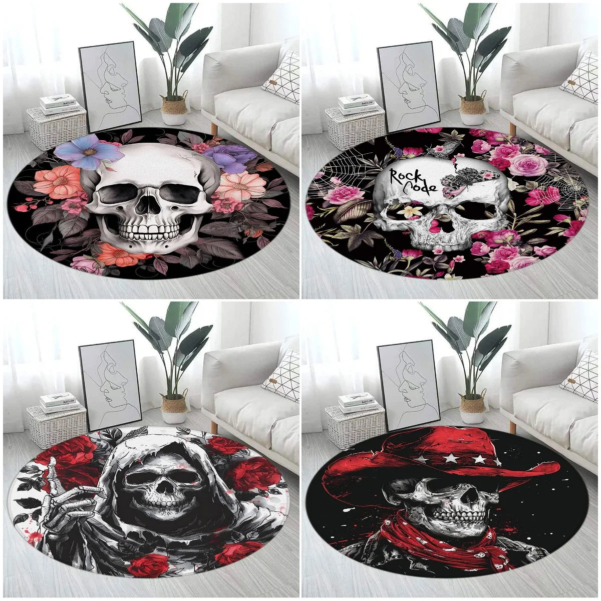 Floral Skull Round Carpet Rose Flowers Spider Skeleton Horror Halloween Home Living Room Bedroom Decor Flannel Mats Floor Rugs
