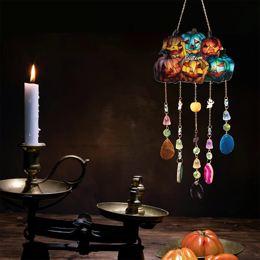 1 pc 2D Flat Pumpkin, Bat, Witch Stained Acrylic with Agate PendantWindow Hanging Horror Sun Catcher Decor Halloween Suncatchers