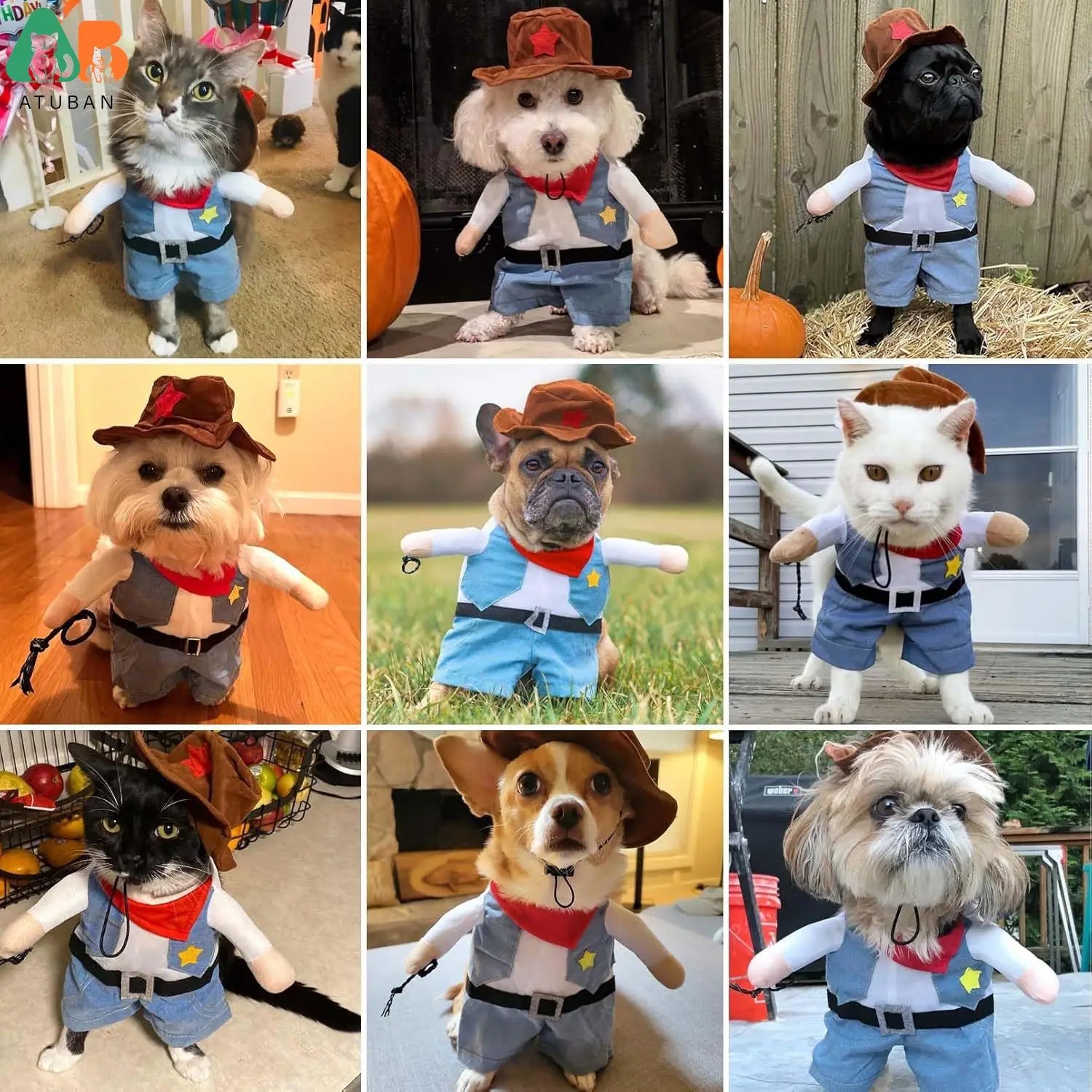 ATUBAN Cowboy Dog Costume,Funny Pet Cat Halloween Costumes Cool West Cowboy Uniform with Hat,Cosplay Puppy Clothing Party Outfit