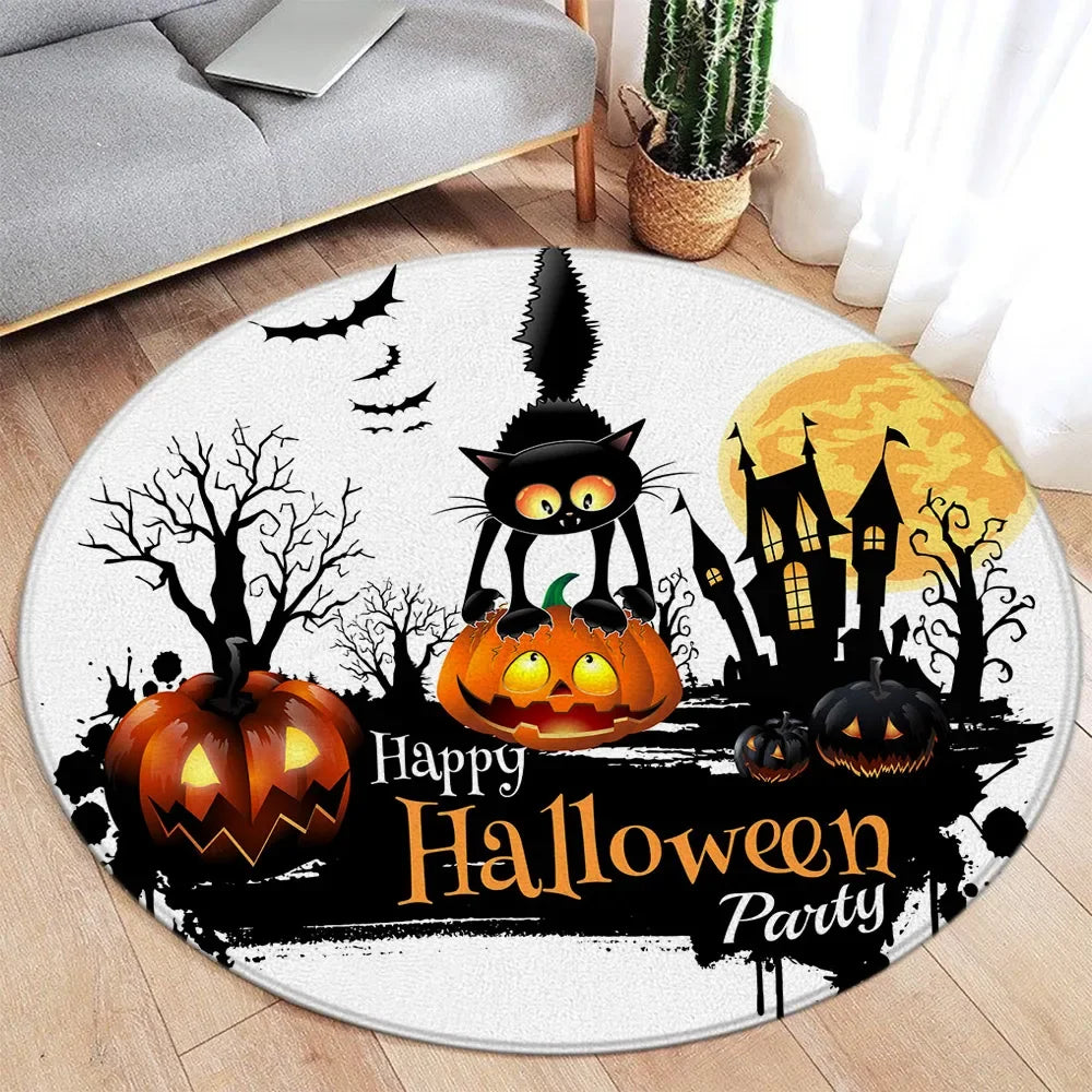 Cartoon Halloween Round Carpet Cute Elf Ghost Pumpkin Black Cat Spider Bat Red Maple Leaf Home Living Room Bedroom Decor Rugs