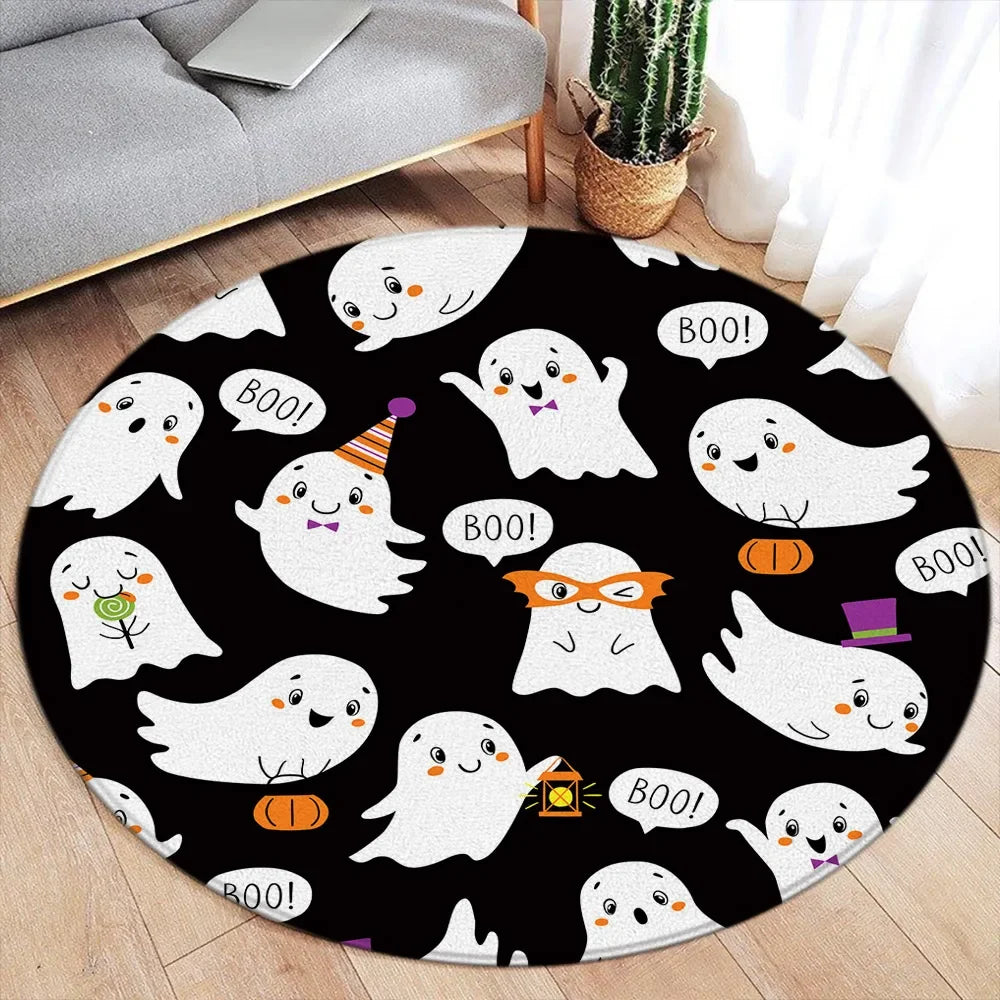 Cartoon Halloween Round Carpet Cute Elf Ghost Pumpkin Black Cat Spider Bat Red Maple Leaf Home Living Room Bedroom Decor Rugs