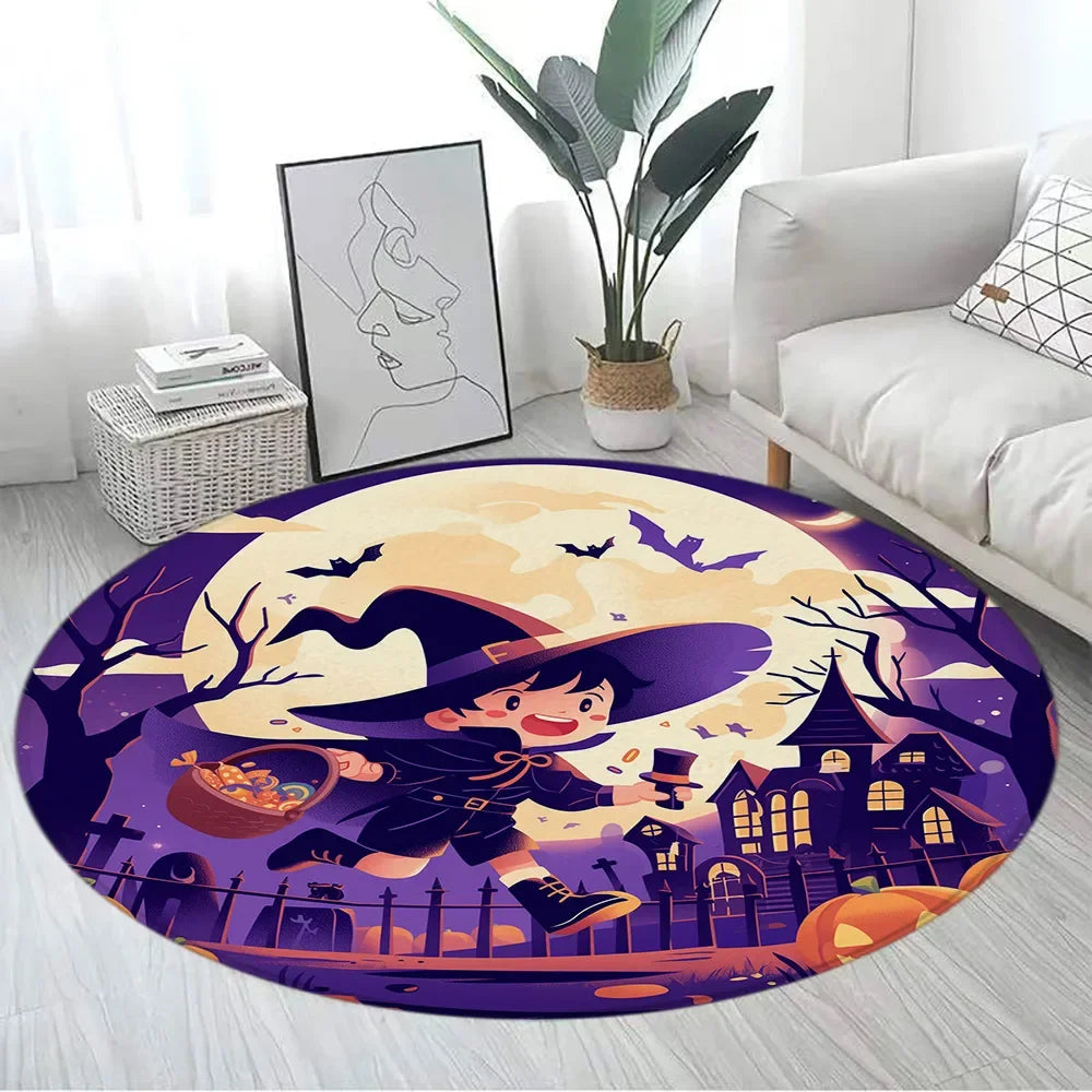 Floral Skull Round Carpet Rose Flowers Spider Skeleton Horror Halloween Home Living Room Bedroom Decor Flannel Mats Floor Rugs