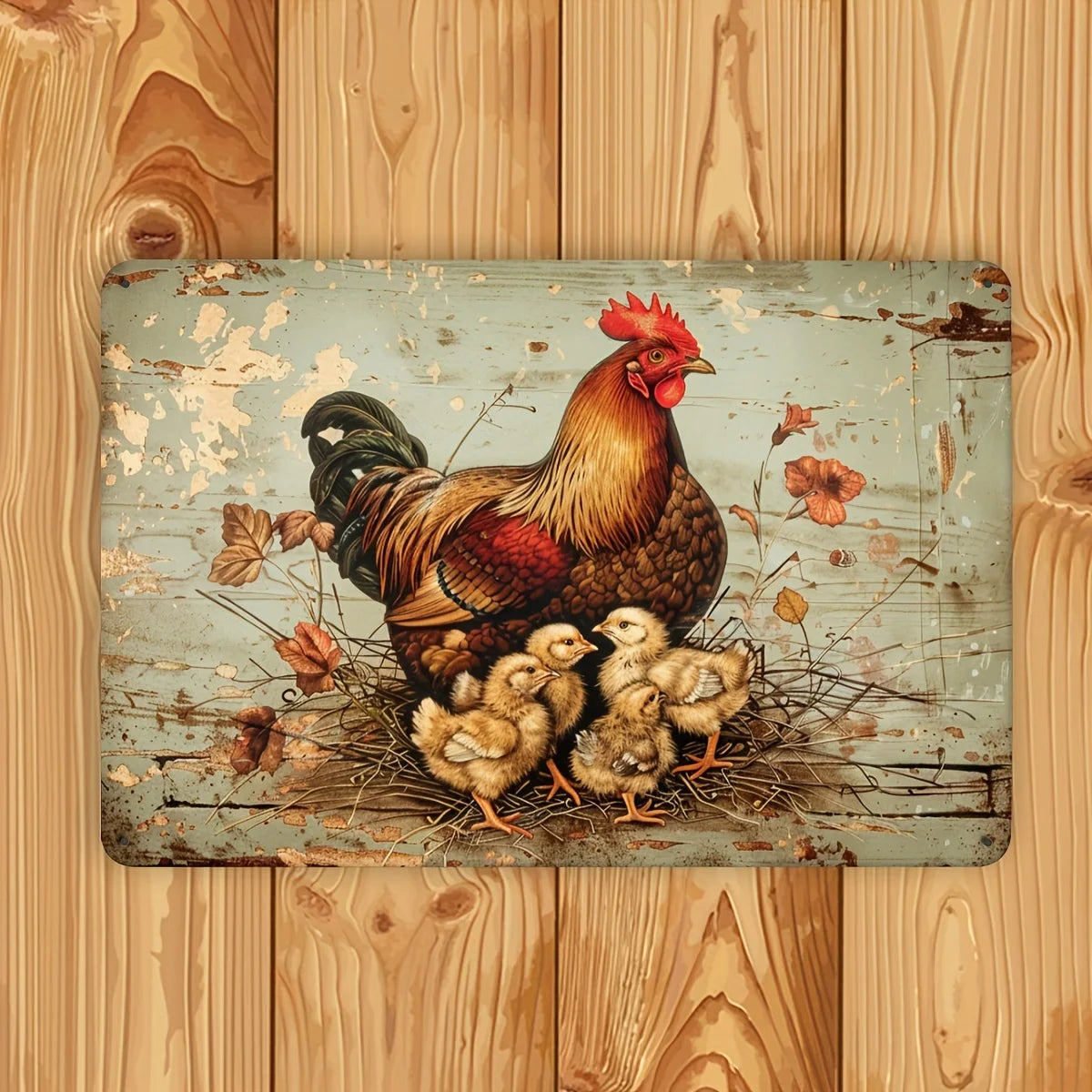 Rustic Farmhouse Vintage Hen \u0026 Chicks Metal Sign - Distressed Green \u0026 Brown Wall Art for Cafe, Restaurant, Patio Decor