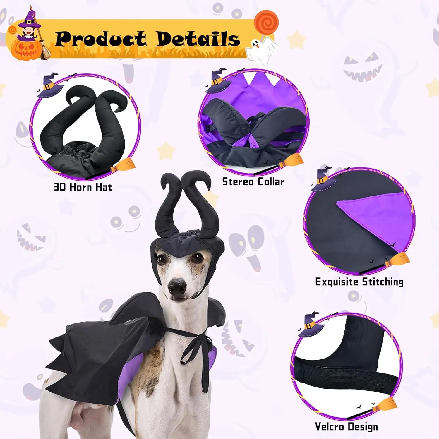 Halloween Witch-Shaped Costume cat Purple Vampire Cape Puppy Wizard Devil Horns Hat Pet Holiday Outfit for Small Middle-Sized Do