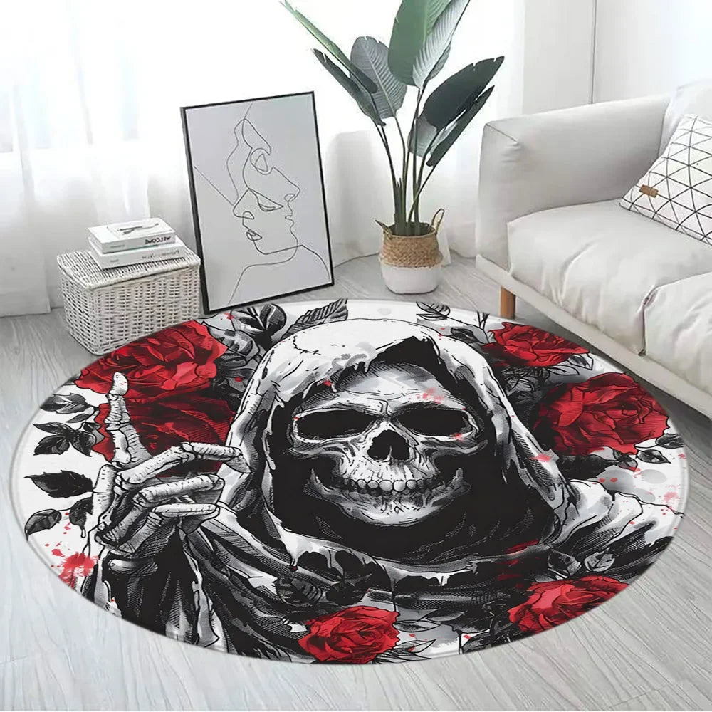 Floral Skull Round Carpet Rose Flowers Spider Skeleton Horror Halloween Home Living Room Bedroom Decor Flannel Mats Floor Rugs