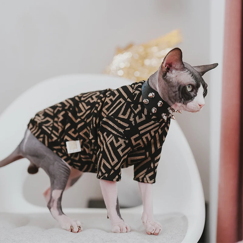 Sphynx Clothes for Cat Stretch Black Gold Cotton T-shirt For Devon Rex Soft Fashion Jumpsuit for Kittens Cat Costume
