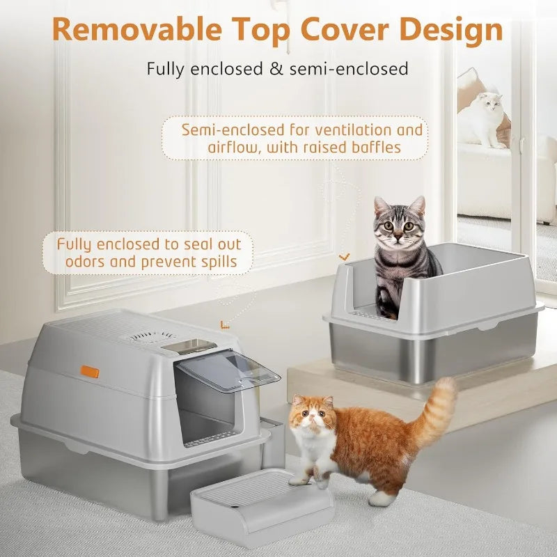 Steel Cat Litter Box with Lid, XL Extra Large Litter Box for Big Cats, Enclosed Removable Metal Litter Box with High Sided