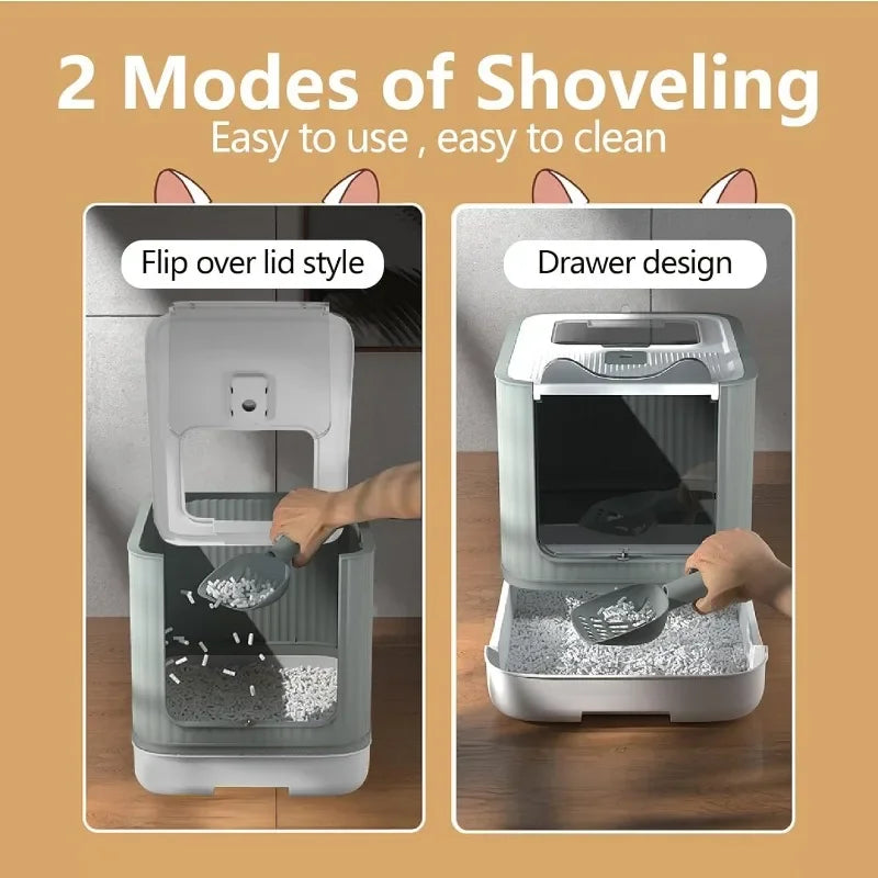 Fully Enclosed Cat Litter Box Top Entry, Upgraded Covered with Lid, Anti-Splashing Easy to Clean Kitty Box, White&Grey