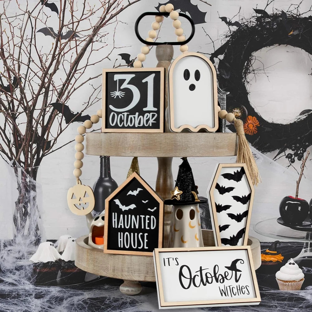 6Pcs Bat Coffin Haunted House Ghost Cute Wooden Sign Ghost Halloween Theme Party Home Decor Tiered Tray Halloween Bat Ornament
