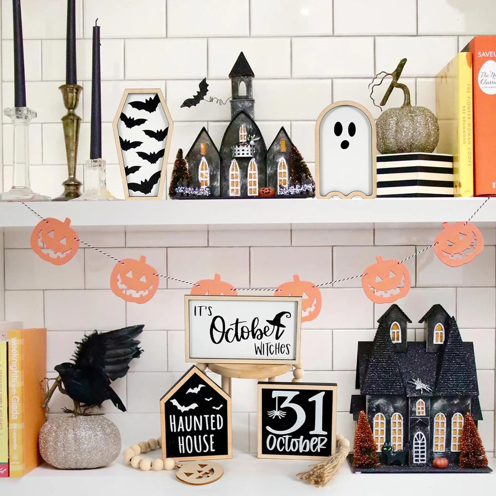 6Pcs Bat Coffin Haunted House Ghost Cute Wooden Sign Ghost Halloween Theme Party Home Decor Tiered Tray Halloween Bat Ornament