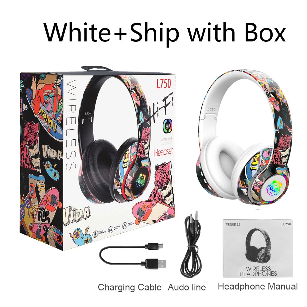 Graffiti Headphones Bluetooth 5.1 DJ Headset Wireless Gamer  with Mic RGB LED Light For Kids PC Gamer Earphone Support TF Card