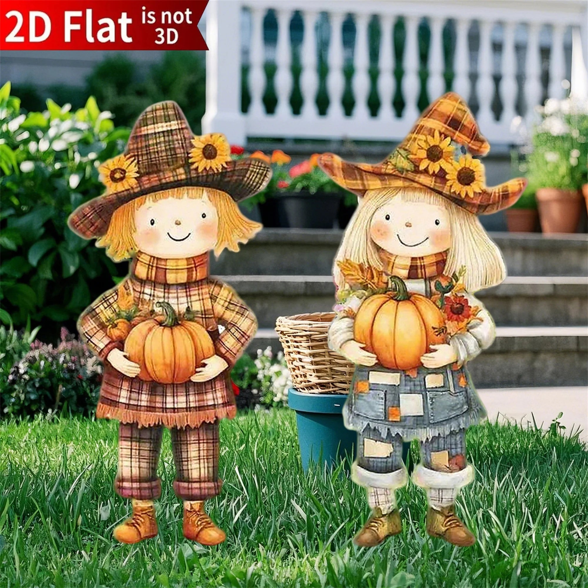 Set of 2 Thanksgiving Yard Stake Adorable Scarecrow Doll Figurines for Festive Garden Decorations